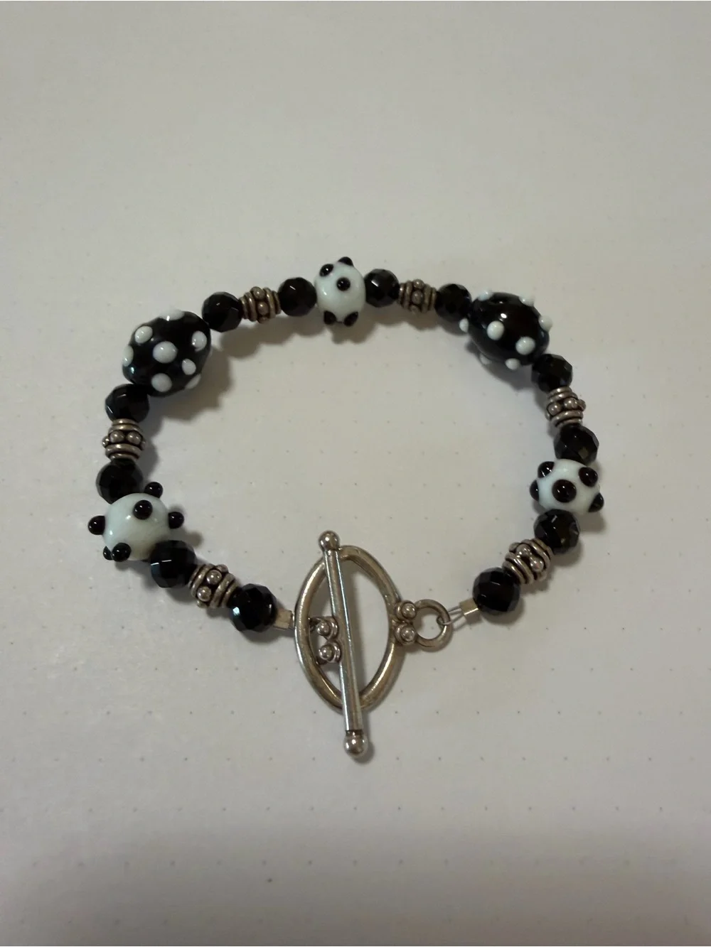 Handmade Black & White Polka Dot Glass Beaded Bracelet